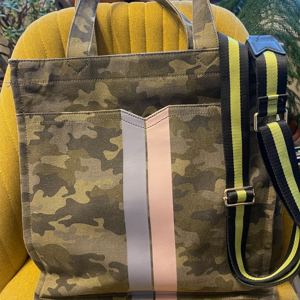 Camouflage Tote Bag with Striped Strap